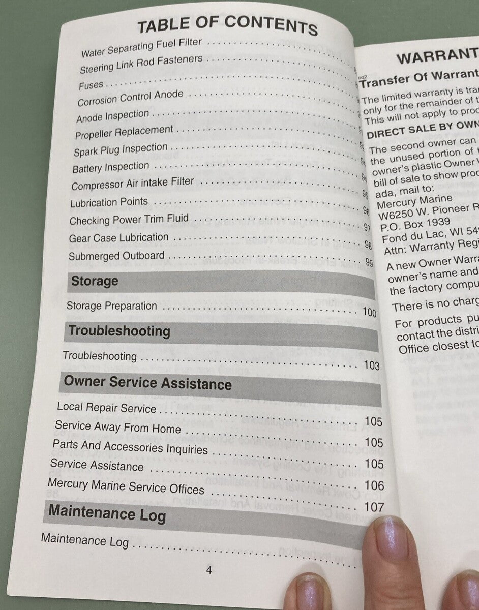 GENUINE MERCURY 90-10201001 OPERATION MAINTENANCE & WARRANTY MANUAL 1999