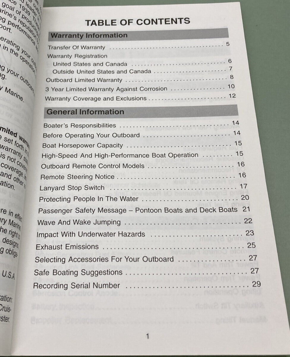 GENUINE MERCURY 90-10201021 OPERATION MAINTENANCE & WARRANTY MANUAL 2001