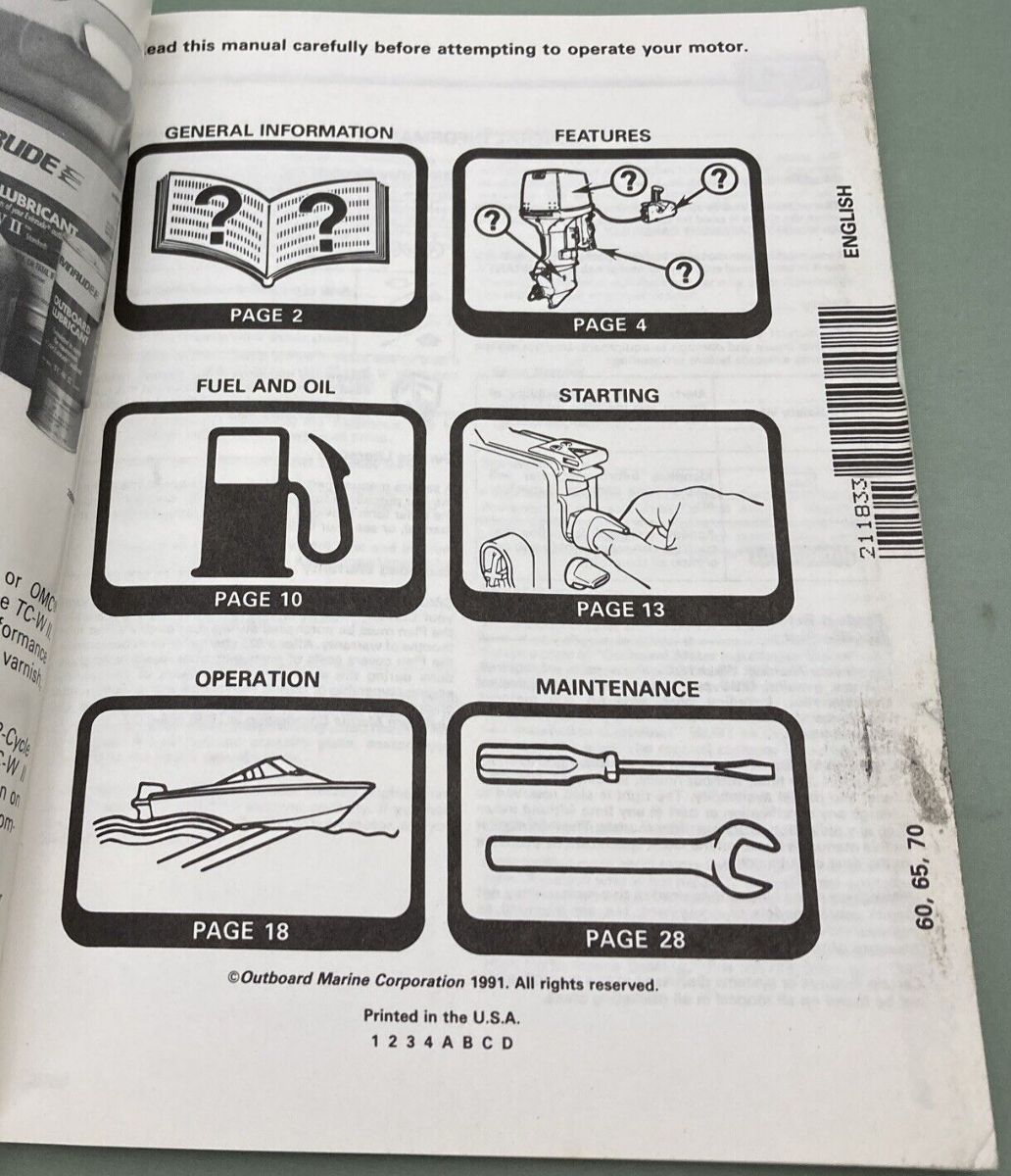 OMC 211833 OPERATION & MAINTENANCE MANUAL 60 65 70 ENGLISH FRENCH 1991