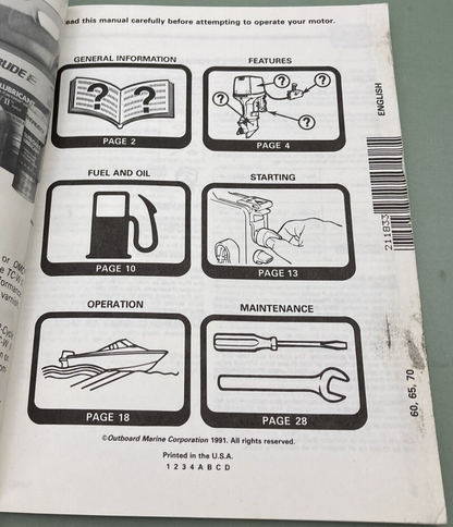 OMC 211833 OPERATION & MAINTENANCE MANUAL 60 65 70 ENGLISH FRENCH 1991