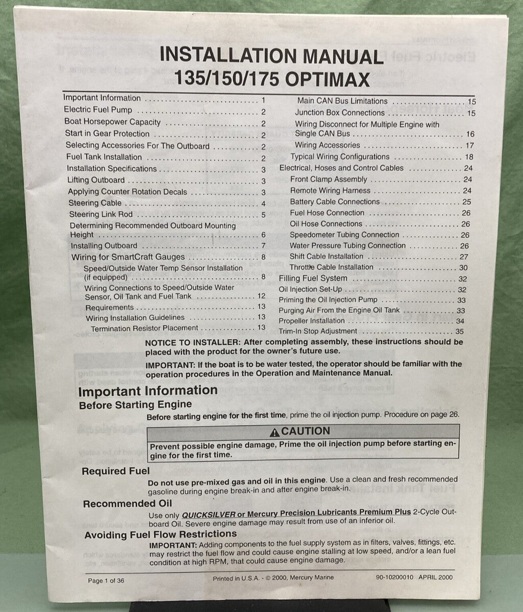 MERCURY QUICKSILVER 90-10200010 OPTIMAX 135/150/175 INSTALLATION MANUAL 2000