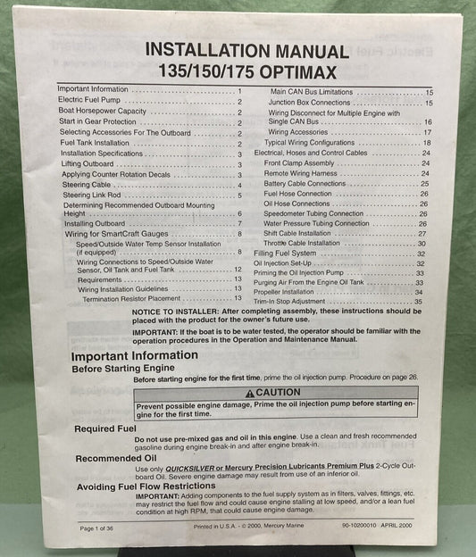 MERCURY QUICKSILVER 90-10200010 OPTIMAX 135/150/175 INSTALLATION MANUAL 2000