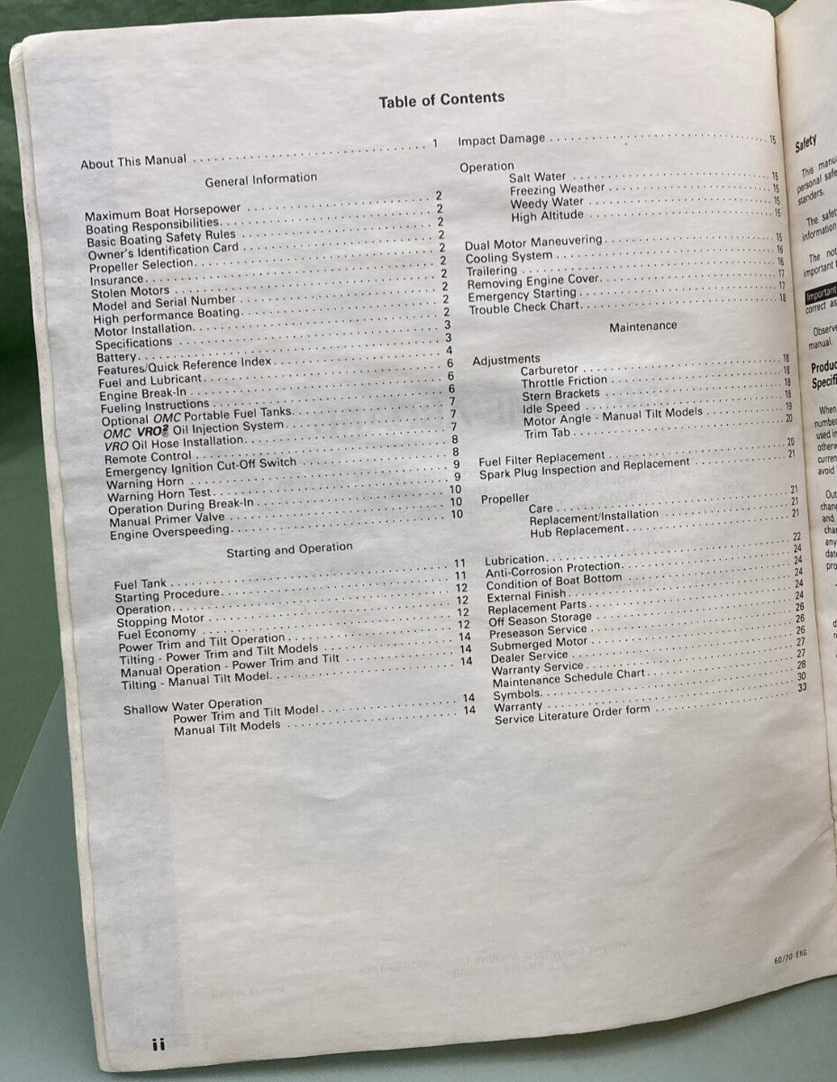 OMC EVINRUDE 211198 OWNER'S MANUAL MODELS 60/70 ENG SPAN FREN PORT 1988