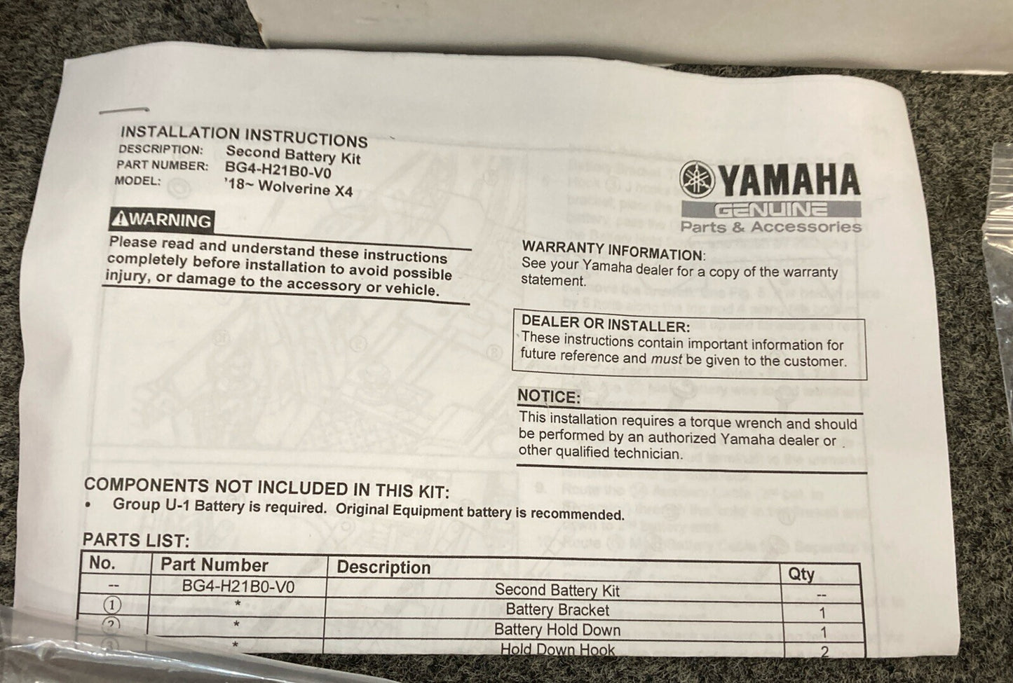 NEW GENUINE YAMAHA BG4-H21B0-V0 2nd BATTERY KIT