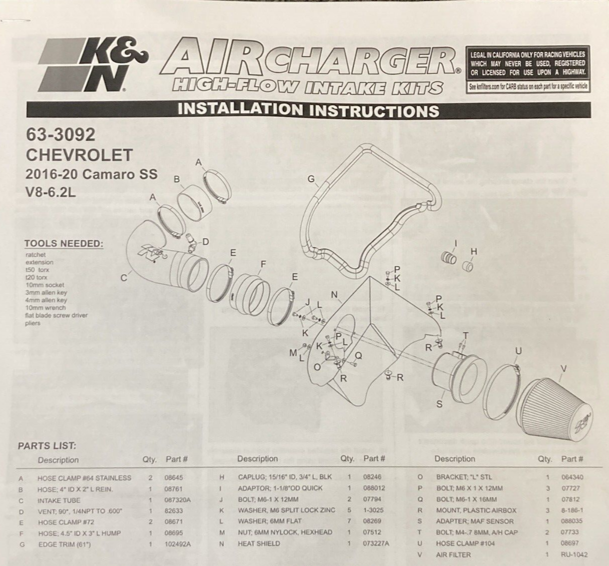 NEW GENUINE K&N 63-3092 COLD AIR INTAKE SYSTEM PERFORMANCE COMPLETE KIT