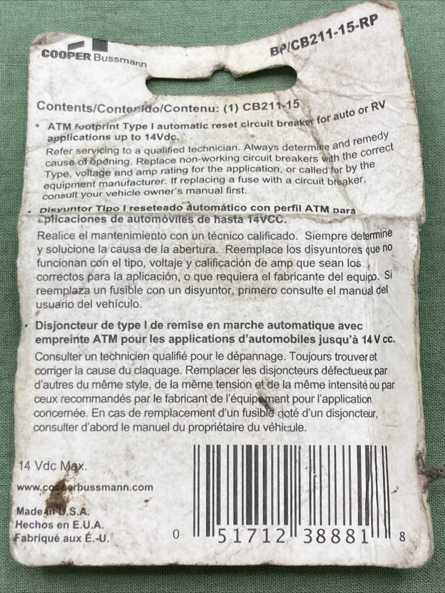 NEW GENUINE BUSSMANN CB211-15-RP 15 Amp Type-I ATM Mini Circuit Breaker