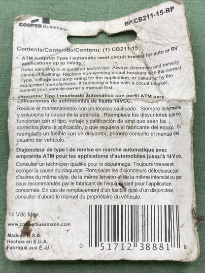NEW GENUINE BUSSMANN CB211-15-RP 15 Amp Type-I ATM Mini Circuit Breaker