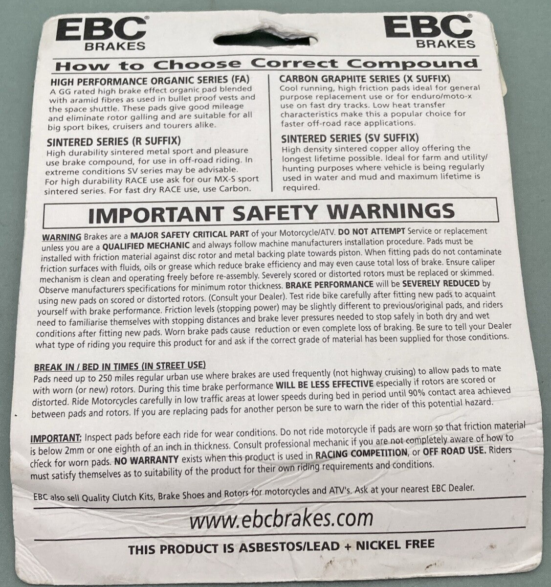 NEW GENUINE EBC BRAKES FA381 ORGANIC BRAKE PADS FRONT