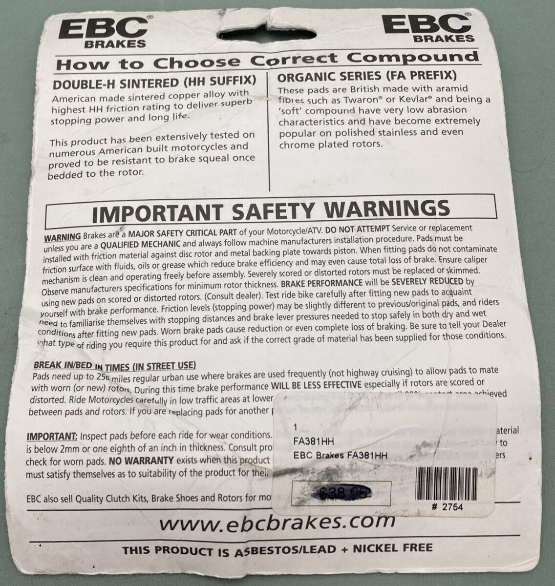 NEW GENUINE EBC BRAKES FA381HH DOUBLE H SINTERED BRAKE PADS FRONT