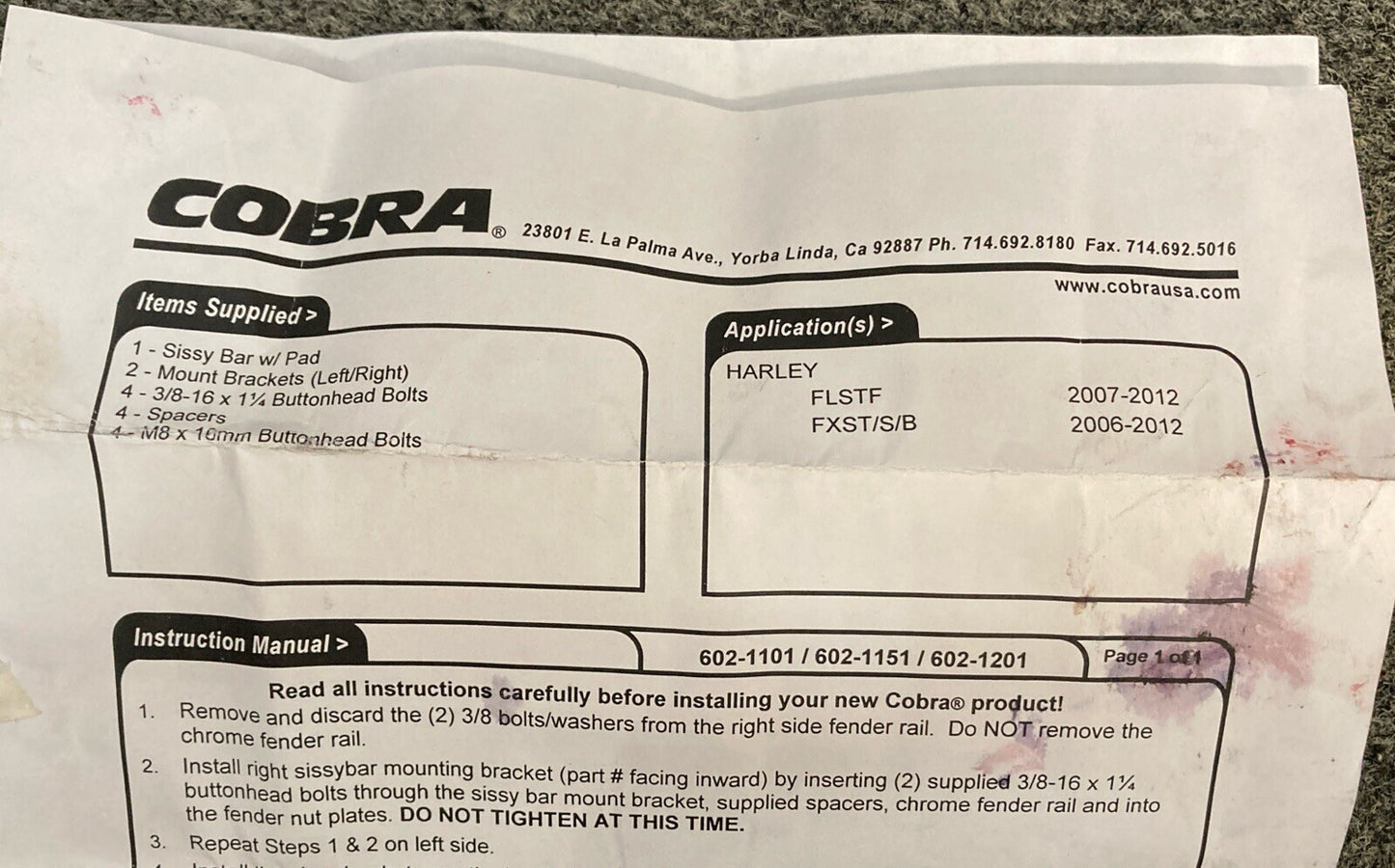 NEW GENUINE COBRA 602-1151 STANDARD SQUARE SISSY BAR 17'' CHROME, HARLEY