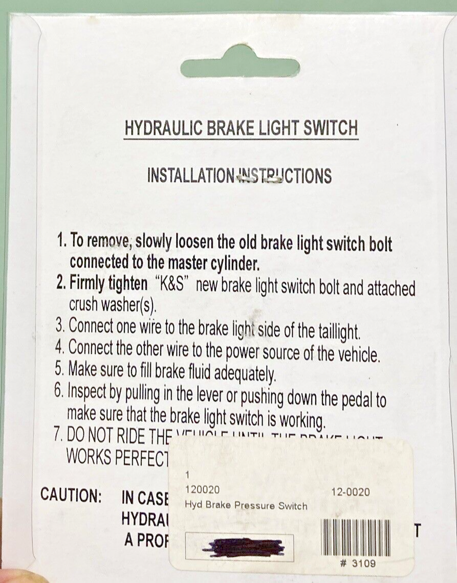 NEW GENUINE K&S TECHNOLOGIES 12-0020 HYDRAULIC BRAKE LIGHT SWITCH