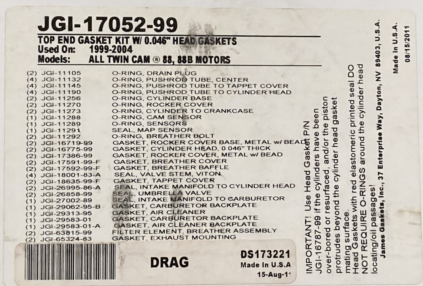 NEW GENUINE JAMES GASKETS JGI-17052-99 TOP END GASKET KIT W 0.046" HEAD GSK INCM