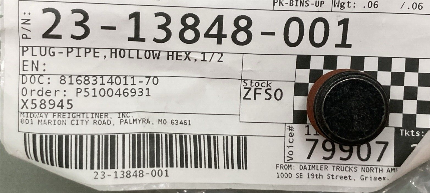 NEW GENUINE FREIGHTLINER 23-13848-001 Pipe Plug Steel HOLLOW HEX HEAD 1/2"