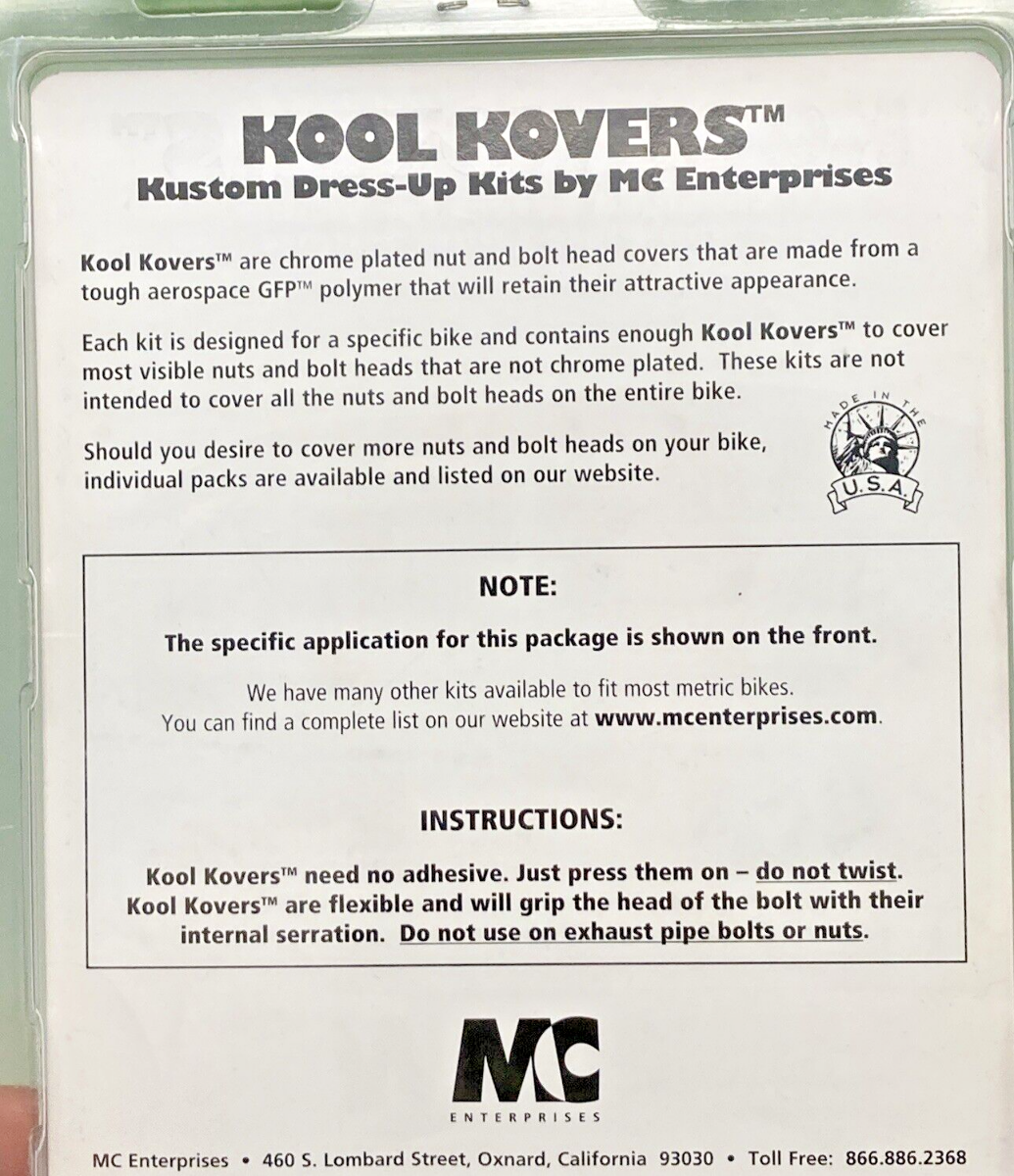 NEW GENUINE KOOL KOVERS KK-150010 10MM CHROMED COVERS FOR NON PLATED NUT & BOLT