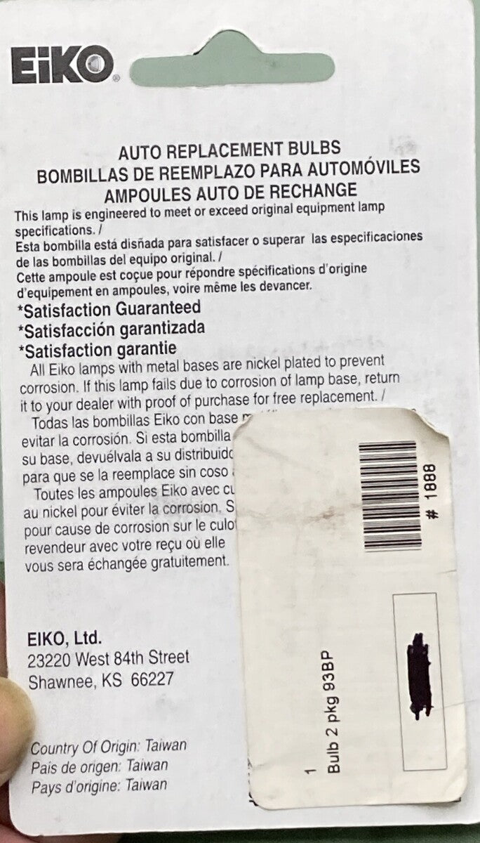 NEW GENUINE EIKO 93-BP HEAVY DUTY AUTO BULBS 12 VOLTS