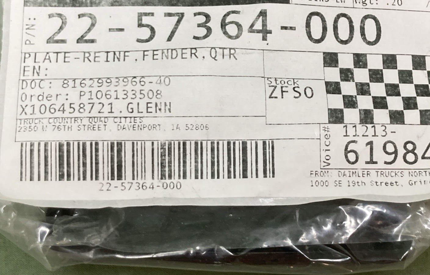 NEW GENUINE FREIGHTLINER 22-57364-000 PLATE FENDER REINFORCEMENT QUARTER