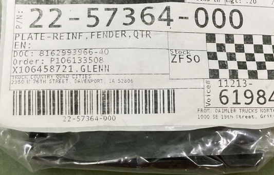NEW GENUINE FREIGHTLINER 22-57364-000 PLATE FENDER REINFORCEMENT QUARTER
