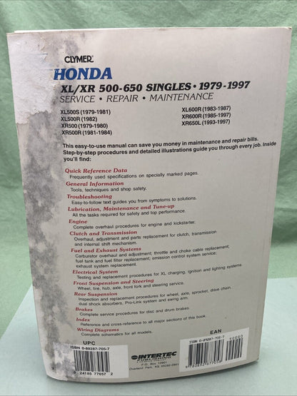 CLYMER M339-5 XL/XR 500-650 SINGLES 79-97 SERVICE MANUAL HONDA