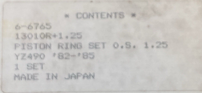 NEW YAMAHA 6-6765 PISTON RING SET 1.25 O/S 87MM YZ490 '82-'85