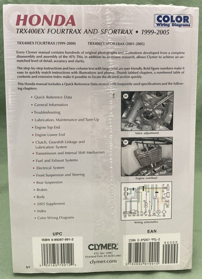 NEW CLYMER M454-3 HONDA TRX400EX Fourtrax & Sportrax Service Manual 1999-2005