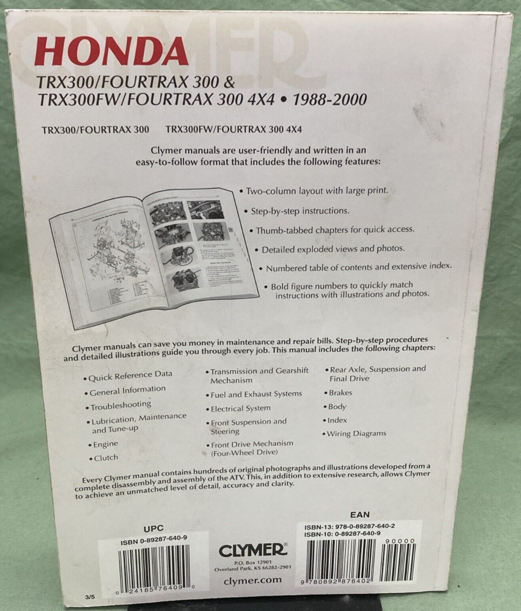 CLYMER M346-3 HONDA TRX300/FOURTRAX 300 & TRX300FW/FOURTRAX 300 4X4 SER MA 88-00