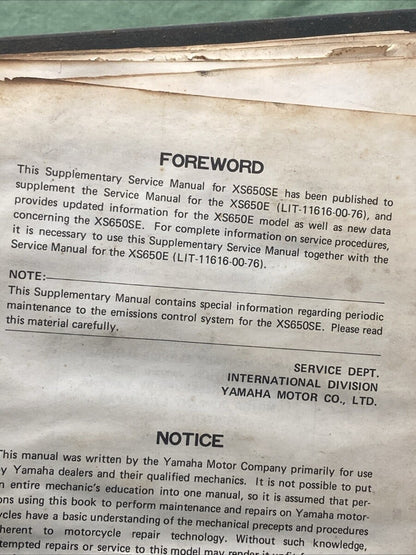 YAMAHA LIT-11616-00-76 XS650E XS650SE SUPPLEMENTARY SERVICE MANUAL