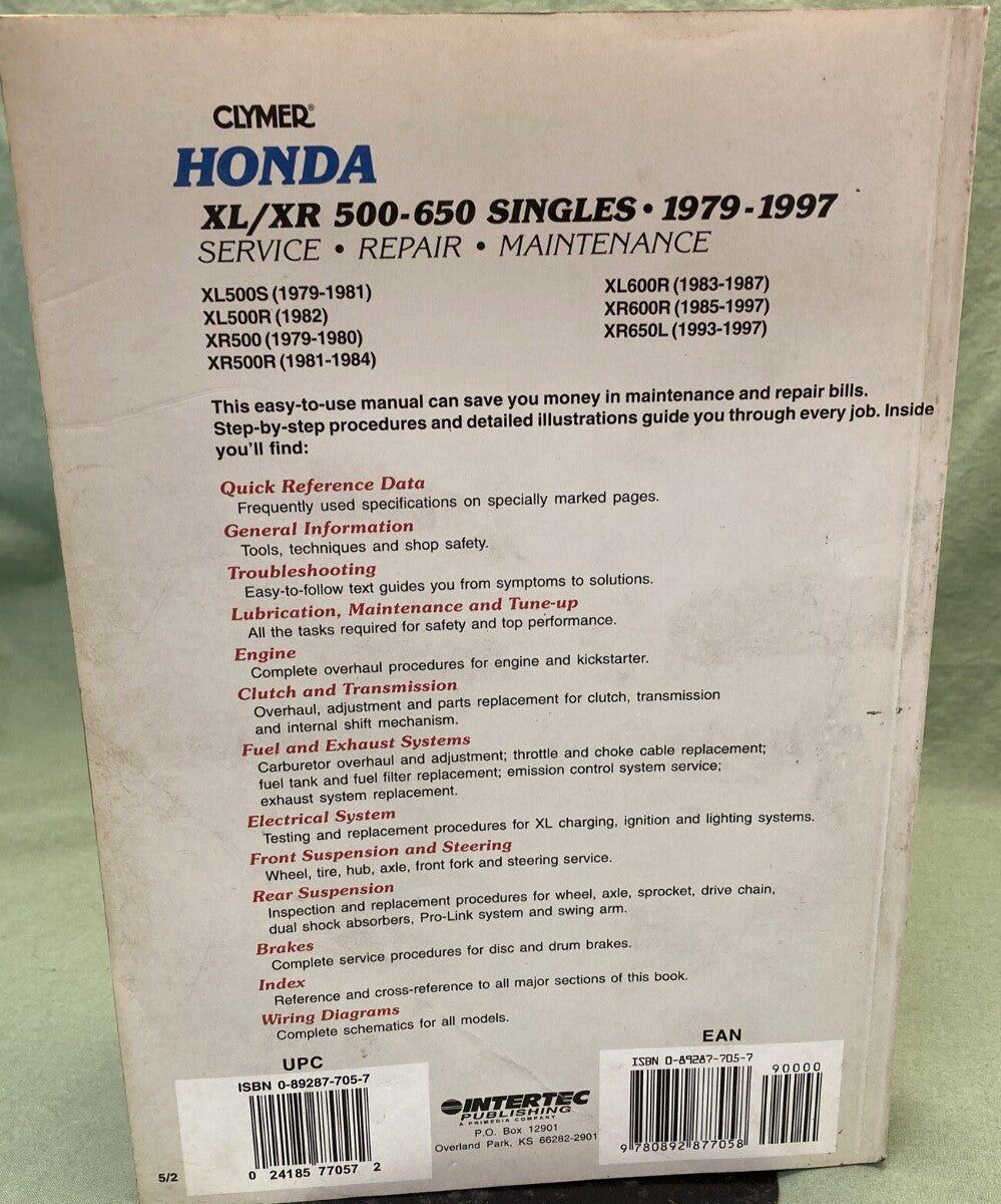 CLYMER M339-5 HONDA XL/XR 500-650 SINGLES SERVICE MANUAL 1979-1997