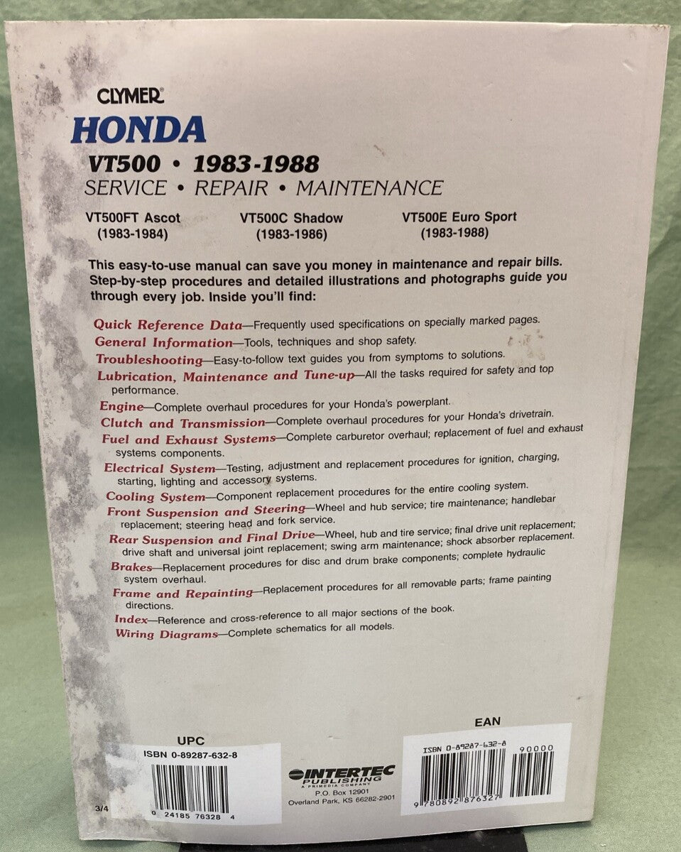 CLYMER M344 HONDA VT500 SERVICE MANUAL 1983-1988