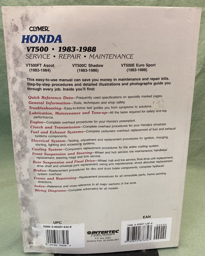 CLYMER M344 HONDA VT500 SERVICE MANUAL 1983-1988