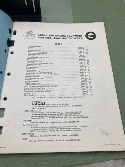 LUCAS GIRLING ELECTRICAL AND SUSPENSION PARTS 1960-1968 MOTORCYCLES