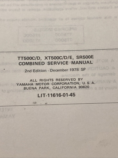 GENUINE YAMAHA LIT-11616-01-50 TT/XT/SR500 1976-79 MODELS SERVICE MANUAL