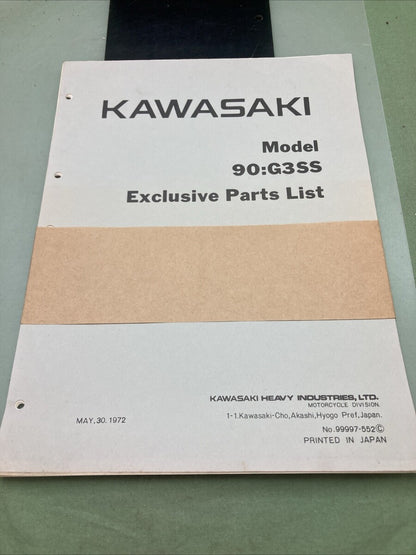NEW GENUINE KAWASAKI 99997-552 MODEL 90:G3SS EXCLUSIVE PARTS LIST 1972