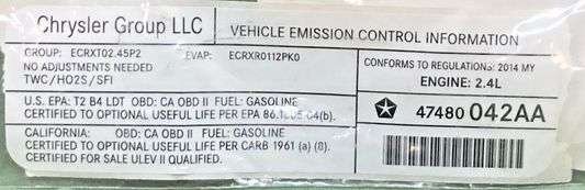 NEW GENUINE MOPAR 47480042AA VECI LABEL FOR CHRYSLER 2.4L ENGINE