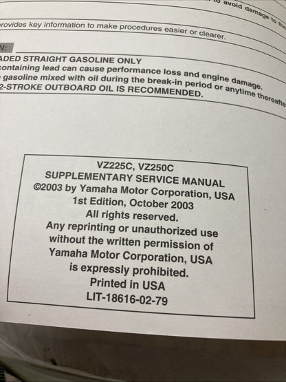 GENUINE YAMAHA LIT-18616-02-79 VZ225C, VZ250C SUPPLEMENTARY SERVICE MANUAL 2003