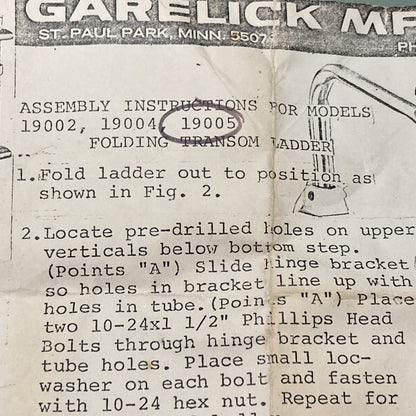 NEW GARELICK MFG CO 19005 MOUNTING PARTS FOLDING TRANSOM LADDER INCOMPLETE