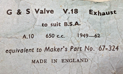 NEW REPLACES BSA 67-324 V.18 EXHAUST VALVE A10 650c.c.