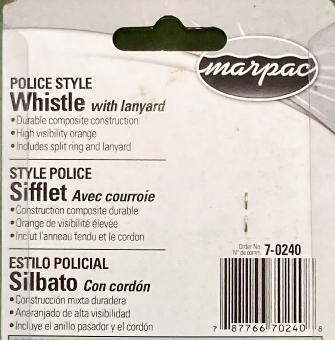 NEW MARPAC 7-0240 SAFETY WHISTLE POLICE-STYLE PLASTIC ORANGE W/ LANYARD