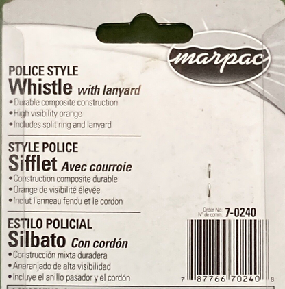 NEW MARPAC 7-0240 SAFETY WHISTLE POLICE-STYLE PLASTIC ORANGE W/ LANYARD