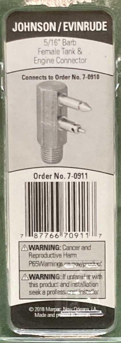 NEW GENUINE MARPAC 7-0911 TANK & ENGINE CONNECTOR 5/16" FEMALE BLACK