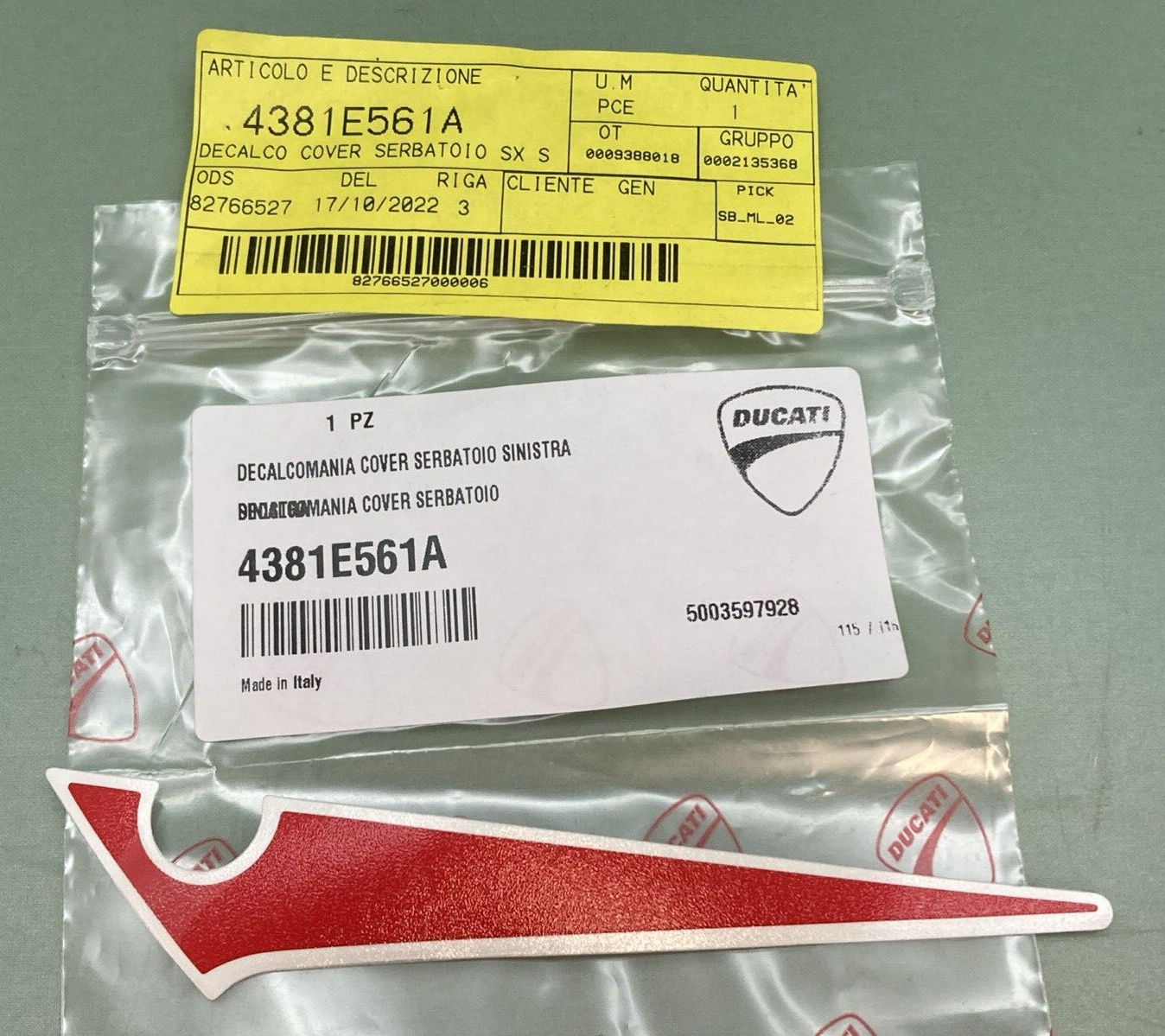 NEW GENUINE DUCATI 4381E561A DECALCOMANIA COVER SERBATOIO SINISTRA
