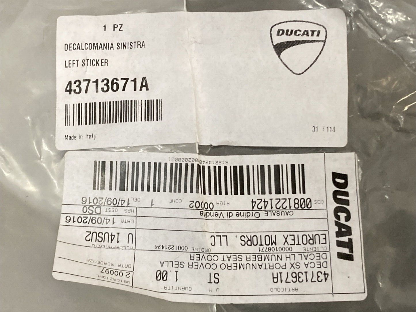 NEW GENUINE DUCATI 43713671A LEFT STICKER TITANIUM