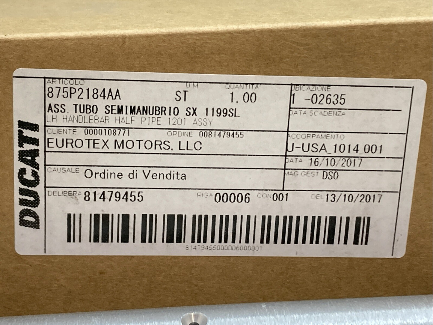 NEW GENUINE DUCATI 875P2184AA HANDLEBAR TUBE L.H.