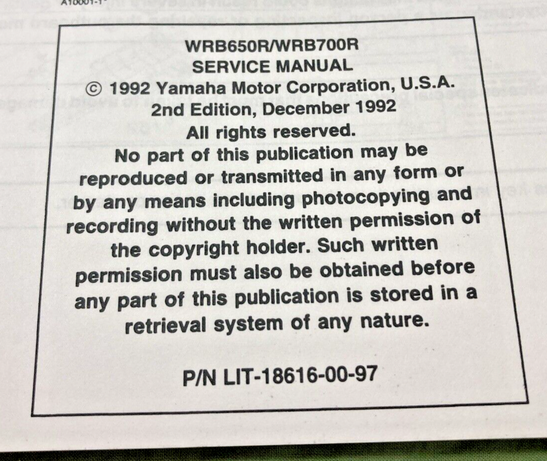 GENUINE YAMAHA LIT-18616-WR-70 WRB650-700R/RA SERVICE MANUAL 1992