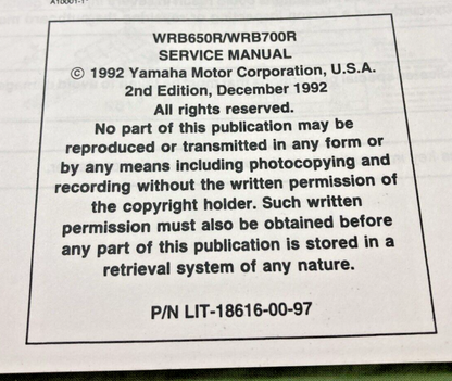 GENUINE YAMAHA LIT-18616-WR-70 WRB650-700R/RA SERVICE MANUAL 1992