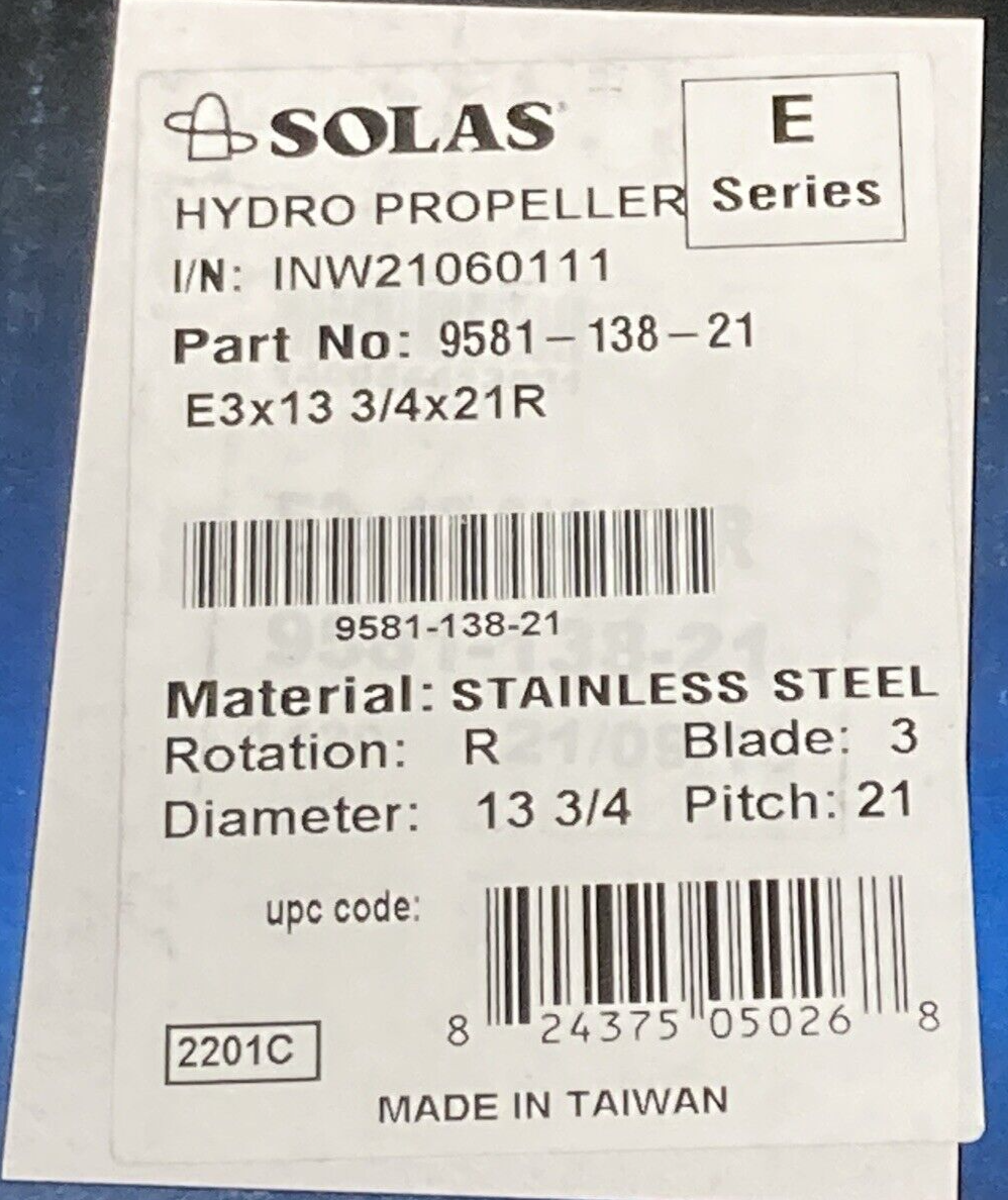 NEW GENUINE SOLAS 9581-138-21 PROPELLER RUBEX 3 BLADE RH 13-3/4"D 21" PITCH