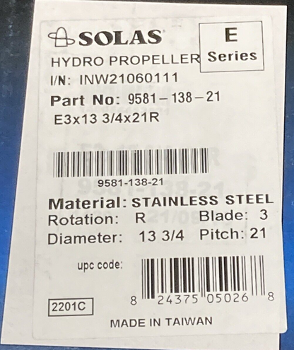 NEW GENUINE SOLAS 9581-138-21 PROPELLER RUBEX 3 BLADE RH 13-3/4"D 21" PITCH