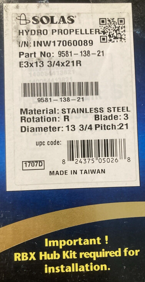 NEW GENUINE SOLAS 9581-138-21 PROPELLER RUBEX 3 BLADE RH 13-3/4"D 21" PITCH SS