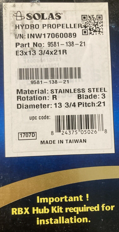 NEW GENUINE SOLAS 9581-138-21 PROPELLER RUBEX 3 BLADE RH 13-3/4"D 21" PITCH SS