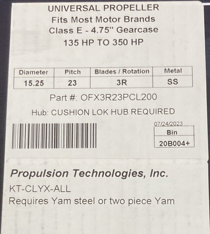 NEW POWERTECH OFX3R23PCL200 PROPELLER 3 BLADE RH 15.25"D 23" PITCH SS