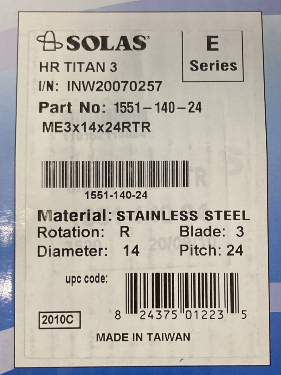 NEW GENUINE SOLAS 1551-140-24 PROPELLER HR TITAN 3 BLADE RH 14"D 24" PITCH SS